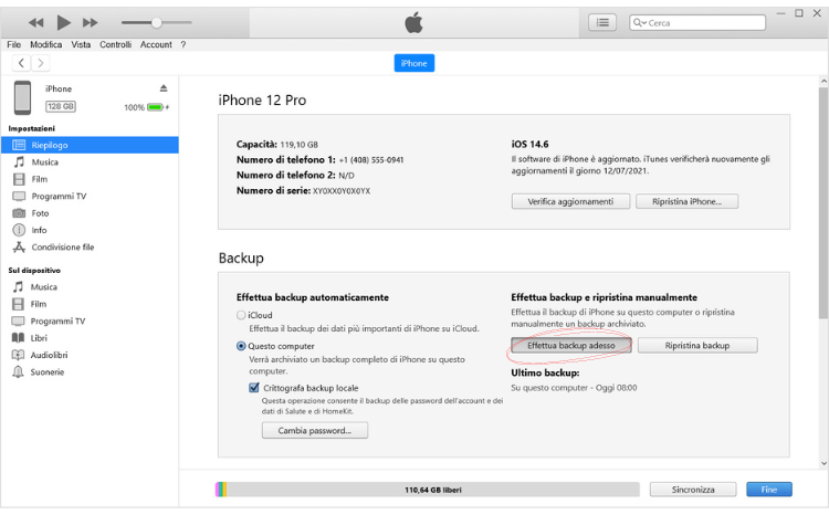 Backup iPhone tramite iTunes su Windows