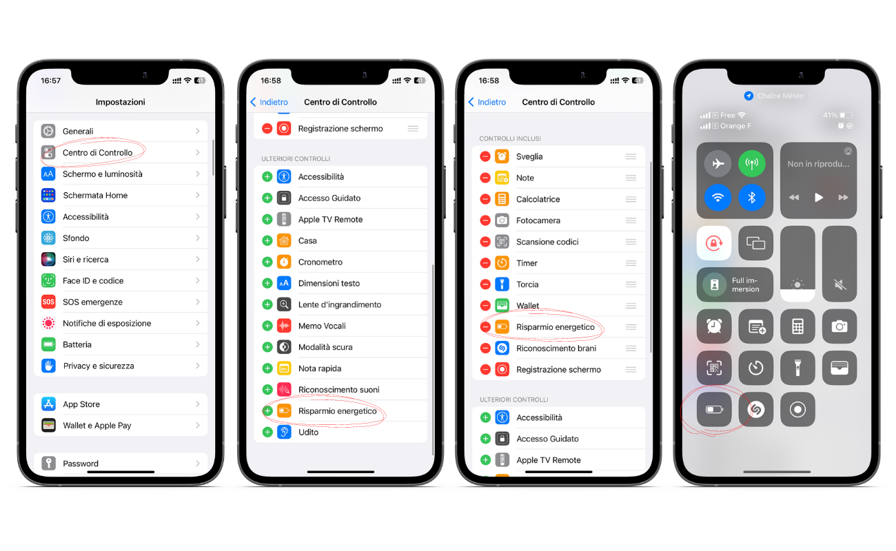 Procedura per attivare risparmio energetico iPhone dal centro di controllo