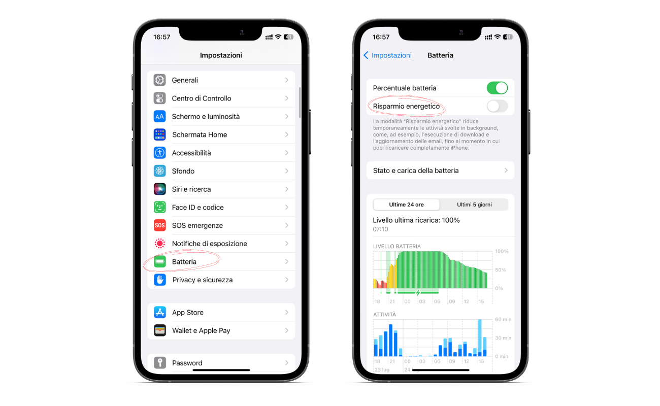 Procedura per attivare risparmio energetico iPhone dalle impostazioni