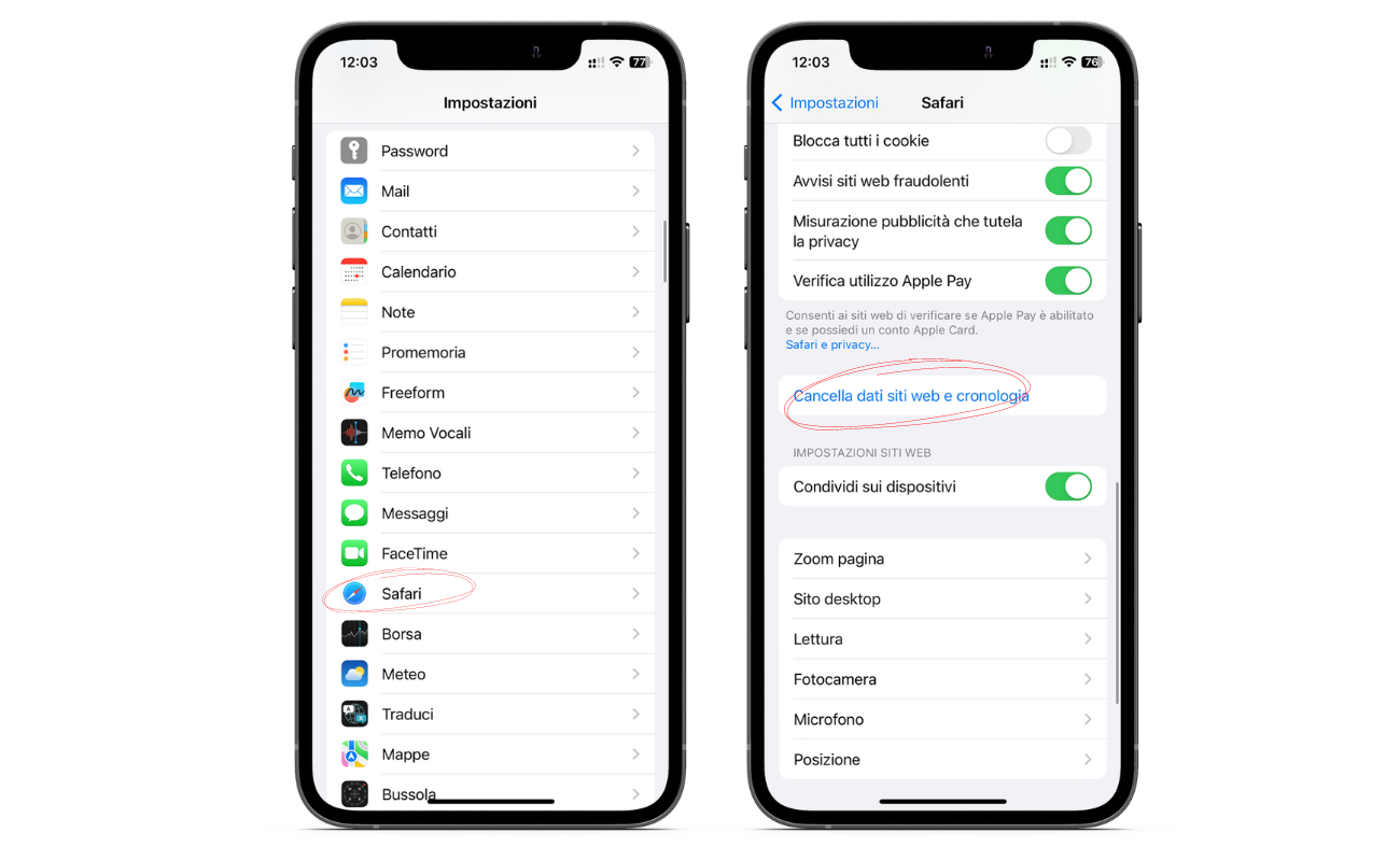 Liberare spazio cancellando i dati e la cronologia da Safari